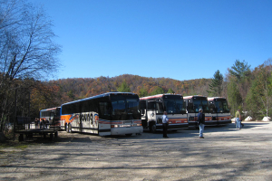 A group of tour buses in a parking lot
