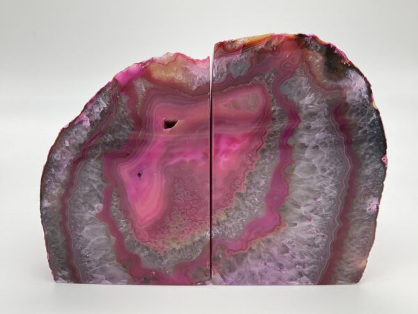 Pink agate geode bookends, front