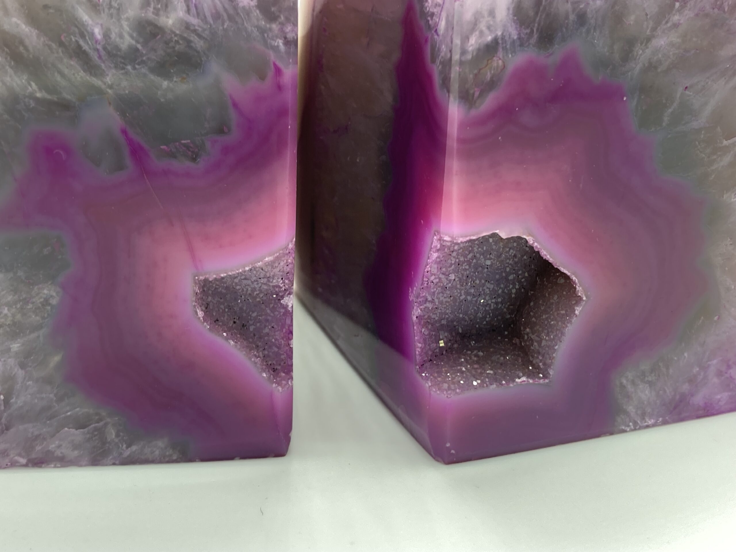 Pink Agate bookends closeup